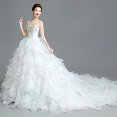 婚纱礼服2015夏新款韩式抹胸长拖尾新娘结婚齐地孕妇大码显瘦钻