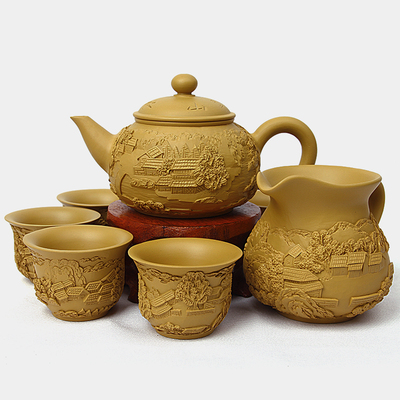 手工双面浮雕功夫茶具套装茶壶茶海茶杯整套紫砂茶具特价