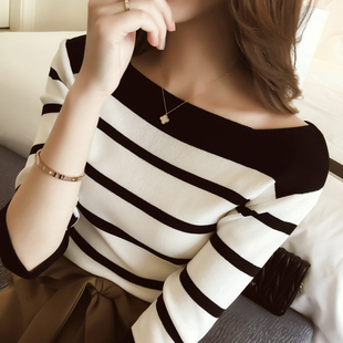 2016秋季女装韩版一字领上衣中袖冰丝条纹针织衫女套头修身短款