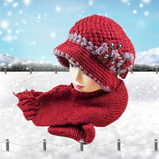 新款冬季女式毛线帽时尚百搭烫钻中老年保暖针织帽子围巾套装包邮
