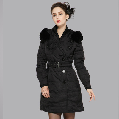凯德申2014冬新款连帽外套中长款獭兔毛领羽绒服女修身时尚女装