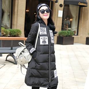 韩版长款加厚羽绒棉服女2015冬新款潮流立领时尚字母图案显瘦棉衣