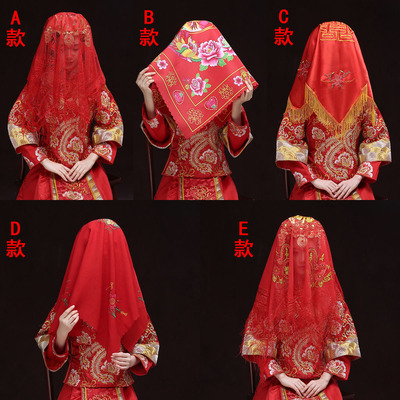 中式新娘结婚头纱红盖头大红色刺绣双喜盖头