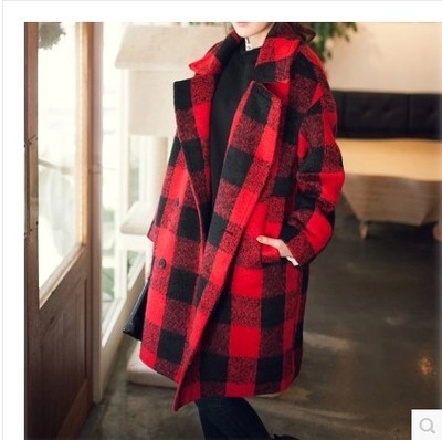 蘑菇街2015秋冬新款9.9折女装呢子大衣英伦格子中长宽松毛呢外套