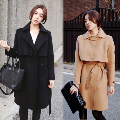 2015秋冬热销 韩国女装时尚显瘦修身黑色中长款毛呢大衣呢子外套