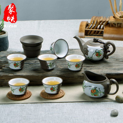 聚帙 陶瓷功夫茶具套装特价 硕果芬芳整套紫砂茶具 茶壶茶海 茶杯