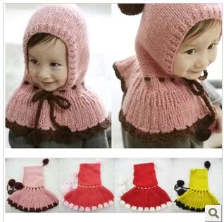 韩版儿童钩花围脖带帽披肩加厚连体帽子围巾宝宝针织披风斗篷