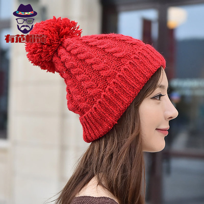 韩版女帽 毛线帽秋冬季可爱大毛球麻花针织帽加绒加厚保暖护耳帽