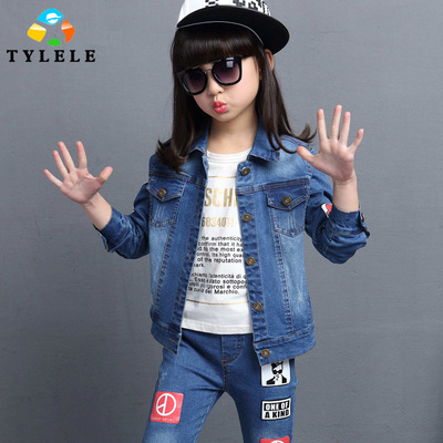 包邮2016春季新品韩版时尚卡通贴布女童中大童牛仔2件套套装