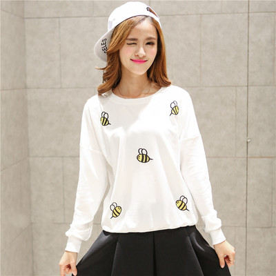 2016春秋新款韩版女装宽松套头小蜜蜂图案中长款长袖卫衣