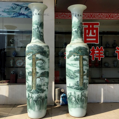 特价景德镇陶瓷落地大花瓶青花墨彩迎客松新款1.8 2.2- 3米送开业