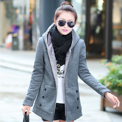 2015秋季韩版开衫外套大码女装加绒加厚修身中长款拉链带帽卫衣女
