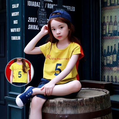 2016夏季韩版童装女童个性t恤女童短袖t恤纯棉中大童圆领百搭上衣