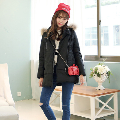 2015冬季新款韩版连帽毛领棉衣女纯色中长款加厚宽松棉服外套批发