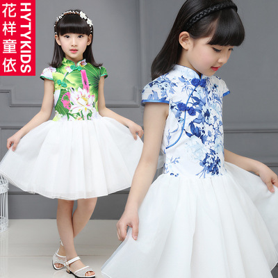 儿童演出服装女童古筝民族舞蹈表演服饰中国结风青花瓷连衣纱裙