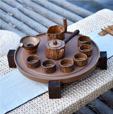 台湾木柄粗陶茶具日式复古手工套装功夫陶瓷茶盘整套排水木架盘