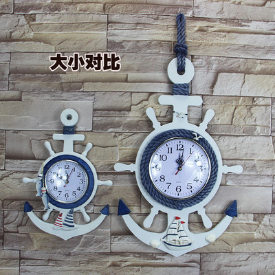 地中海木质船锚舵手挂钟客厅墙饰壁饰海洋钟儿童房装饰非静音钟表