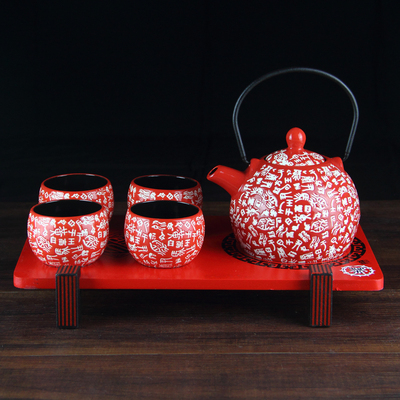 日式和风陶瓷功夫茶具红整套敬茶壶杯套装结婚礼物婚庆特价 包邮