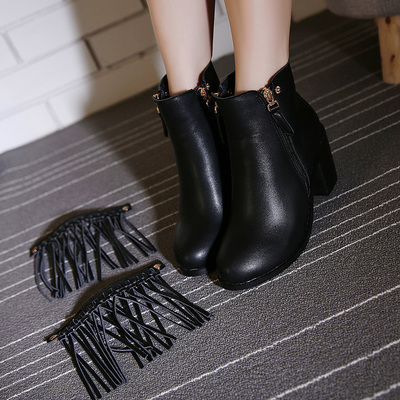 韩版 2015秋冬新款低跟流苏短靴真皮侧拉链黑色平跟马丁靴女靴