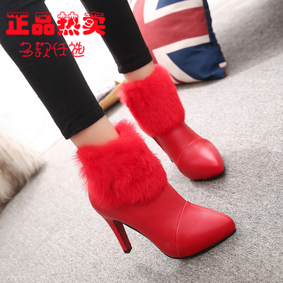 欧美秋冬新款时尚尖头细跟性感气质高跟女靴子短靴红色结婚鞋裸靴