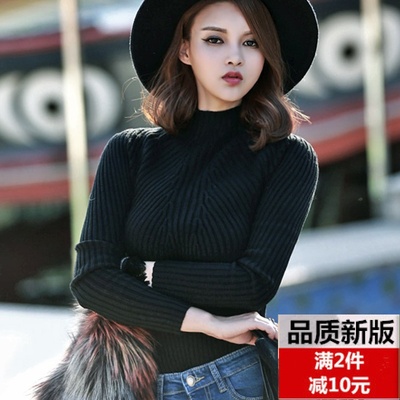 2015秋冬韩版女装新款半高领长袖毛衣套头纯色修身女针织打底衫厚