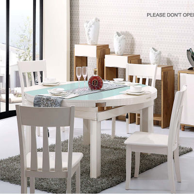 现代简约实木圆形餐桌椅子组合白色烤漆可折叠伸缩6人4吃饭圆桌子