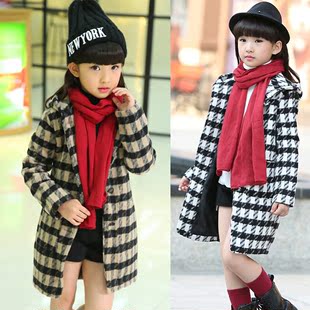 童装2015冬季新款韩版 女童中长款格子大衣 中大童加厚儿童外套