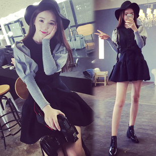 韩国正品代购2016春季新款韩版毛呢连衣裙短裙长袖灯笼袖女装黑色