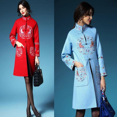 2015冬新款高端大牌刺绣民族中国风大码中长款羊毛呢子大衣外套
