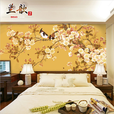 中式古典工笔花鸟客厅壁画壁纸 客厅卧室书房电视背景墙纸