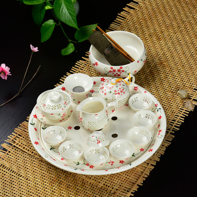 青花瓷玲珑茶具大盘套装镂空功夫茶具带茶盘陶瓷圆形大号茶台茶托