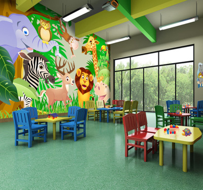 卡通墙纸客厅卧室床头背景墙壁纸 儿童房幼儿园大型壁画动物森林