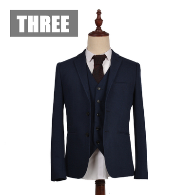 THREE 深蓝色男士韩版修身西服 英伦复古瘦身型针织商务休闲西装