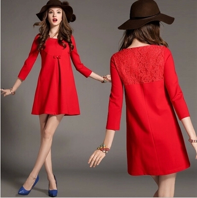 2015秋冬新款韩版宽松大码女装红色中长款蕾丝拼接长袖打底连衣裙