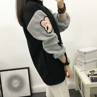 2015韩国新款学生可爱拼接羊羔毛袖子套头卡通图卫衣上衣女潮外套