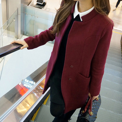 2015冬季新品韩版中长款修身显瘦廓型羊毛呢大衣酒红色外套女包邮