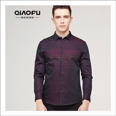 乔夫(QIAOFU)2015秋季渐变色男士长袖衬衫休闲衬衣男 红色蓝色