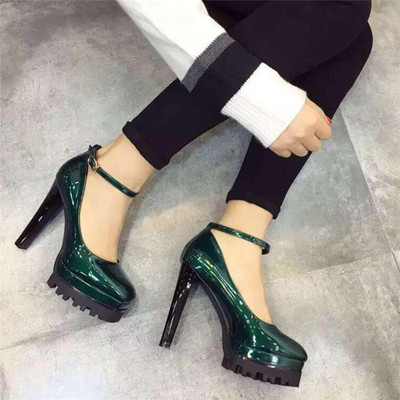 韩国风 春新款 绿色方头一字式搭扣浅口单鞋防水台粗跟高跟鞋女鞋