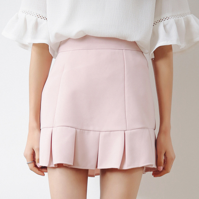 七年级 夏季新款减龄A字短裙高腰性感包臀荷叶边百褶半身裙粉红色