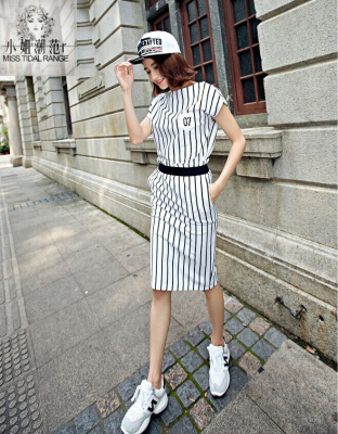 韩版夏短袖条纹短袖上衣包臀裙子休闲套装两件套装女高腰显瘦中裙