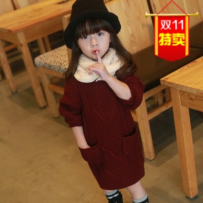 2015新款秋冬韩版 童装针织毛衣女童羊毛中长款宝宝长袖时尚毛衣