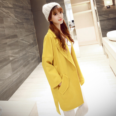 韩版通勤时尚女装2015秋冬茧型修身显瘦中长款纯色大衣毛呢外套女