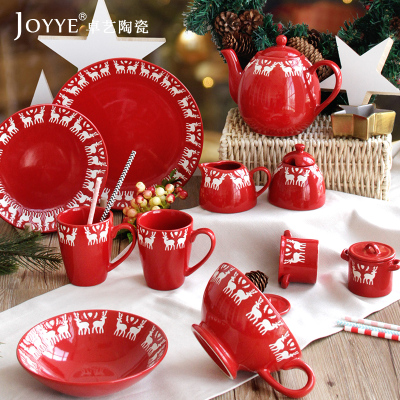 joyye 圣诞礼物西餐餐具套装 西式陶瓷牛排盘碟餐具送礼红色喜庆