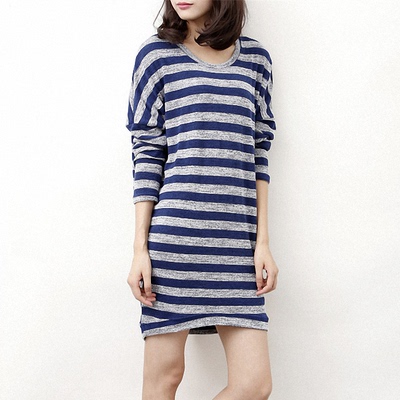 2015春秋韩国女式大码体恤衫女长袖宽松条纹T恤中长款大版T恤裙