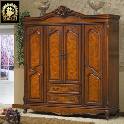 欧式实木四门衣柜 卧室家具 美式实木储物柜 收纳柜 实木整体衣柜