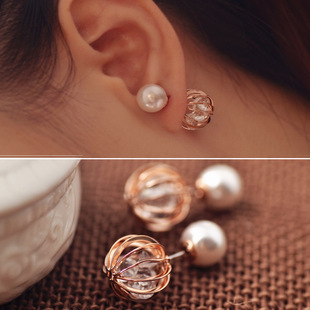 韩国流行饰品甜美个性锆石花朵水晶耳环大小双面珍珠耳钉女防过敏