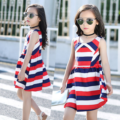 大童夏装女装12-15岁 小女孩韩版条纹无袖背心连衣裙 儿童公主裙