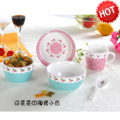 碗碟套装 骨瓷餐具套装5头 学生卡通工作陶瓷器韩式碗勺筷盘礼品