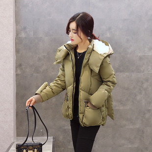 2015韩版冬装连帽大口袋时尚短款加厚军工羽绒服棉衣带手套外套女
