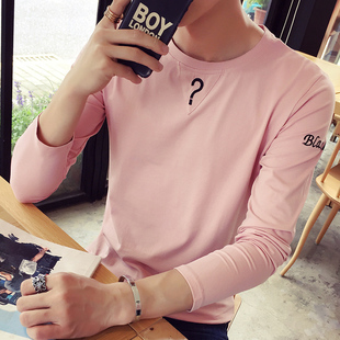 2016秋季新款T恤男韩版时尚粉白黑打底衫上衣圆领修身长袖寸衣潮